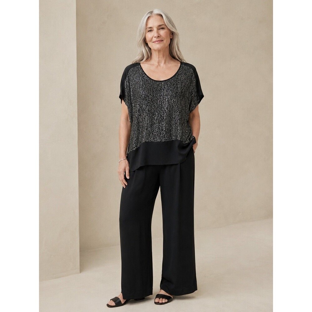 Nwt Eileen Fisher Women's 100% Silk Beaded Blouse Short Sleeve Black Sz XL